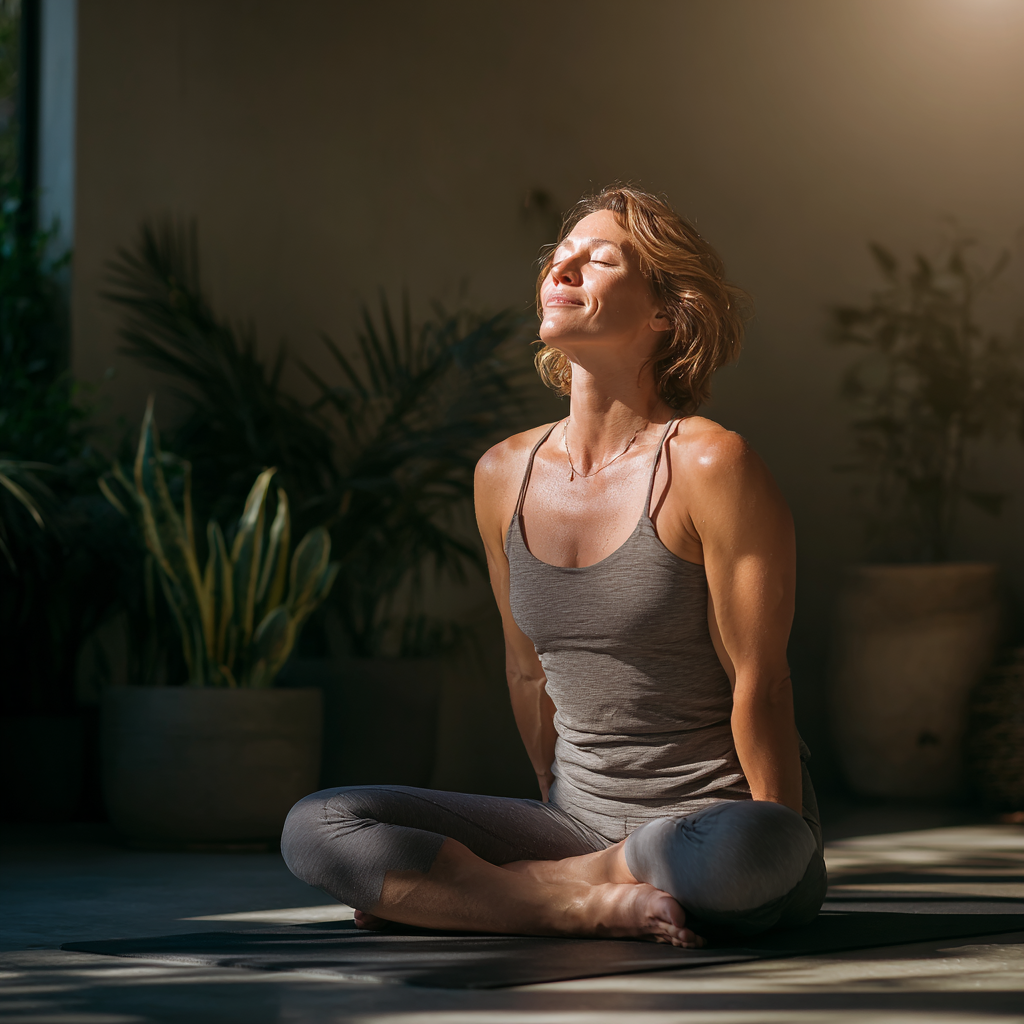 Middle-aged Ukrainian man performing gentle circular yoga movements in a peaceful studio setting