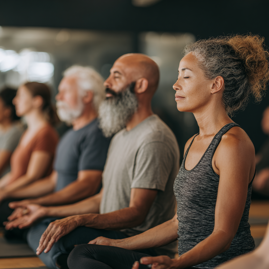 Diverse group of Ukrainian adults of different ages practicing gentle yoga stretches with peaceful expressions